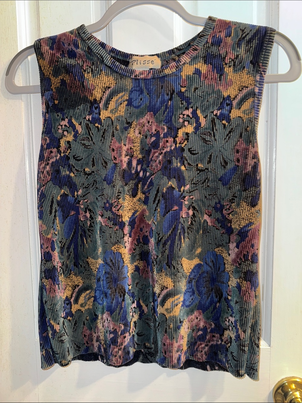 Plissé Floral Ribbed Tank - Multicolor Blue